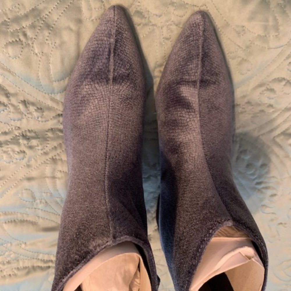 Blue Suede Ankle Boots with side zippers and 2" heels. Size 8.